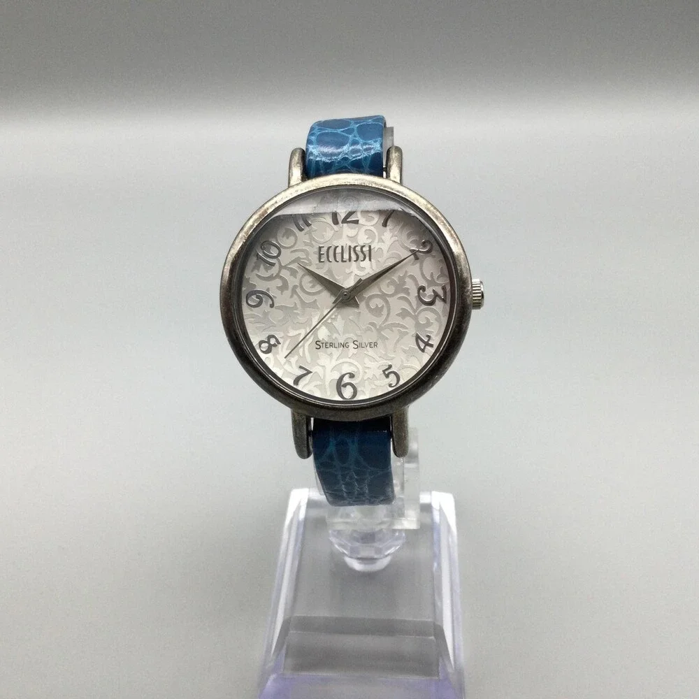 Ecclissi 23860 Womens Watch 36mm Sterling Silver Blue Leather New Battery